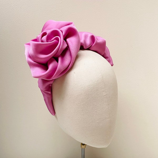 Pink rose headband fascinator, Candy pink unique statement millinery headpiece, crown, wedding guest, races couture, uk handmade