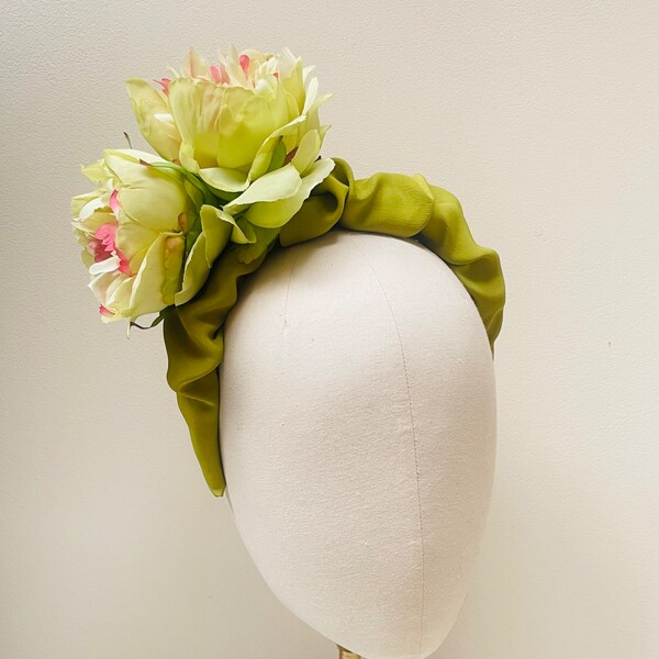 Lime rose headband fascinator on a ruched pure silk, Pistachio green luxury flower crown statement, wedding guest,mother of the bride, races