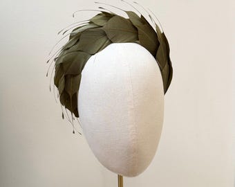 Olive Feather Headband Fascinator, Silk Crown, Wedding Guest