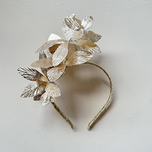 Gold leaf flower fascinator headband, metallic silver  flower corsage statement head crown for weddings, races, Ascot,festivals, Gala event