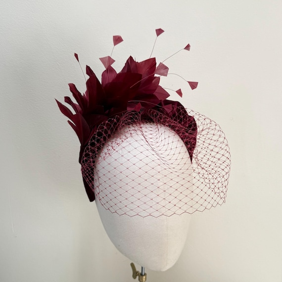 Burgundy Feather Fascinator Headband, Velvet Flower, Wedding  display picture 2