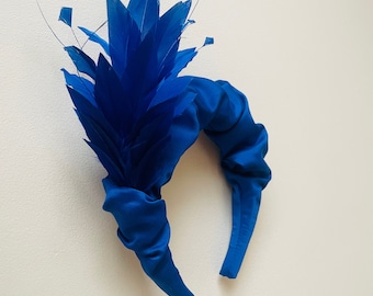 Cobalt Royal Blue silk ruffle feather headband fascinator,  unique headband, silk Halo headpiece, crown, wedding, races, festival,uk made