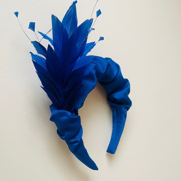 Cobalt Royal Blue silk ruffle feather headband fascinator,  unique headband, silk Halo headpiece, crown, wedding, races, festival,uk made