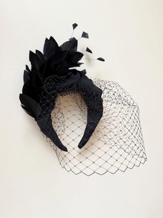 Black Silk Feather Fascinator Headband, Veil Occasion  display picture 1
