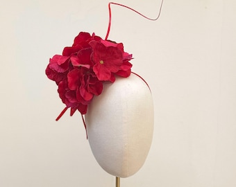 Red Fascinator hat, Hydrangea Flower Crown, mini hat for Weddings and races