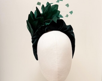 Bottle Green velvet feather Fascinator Headband for race day or wedding guest