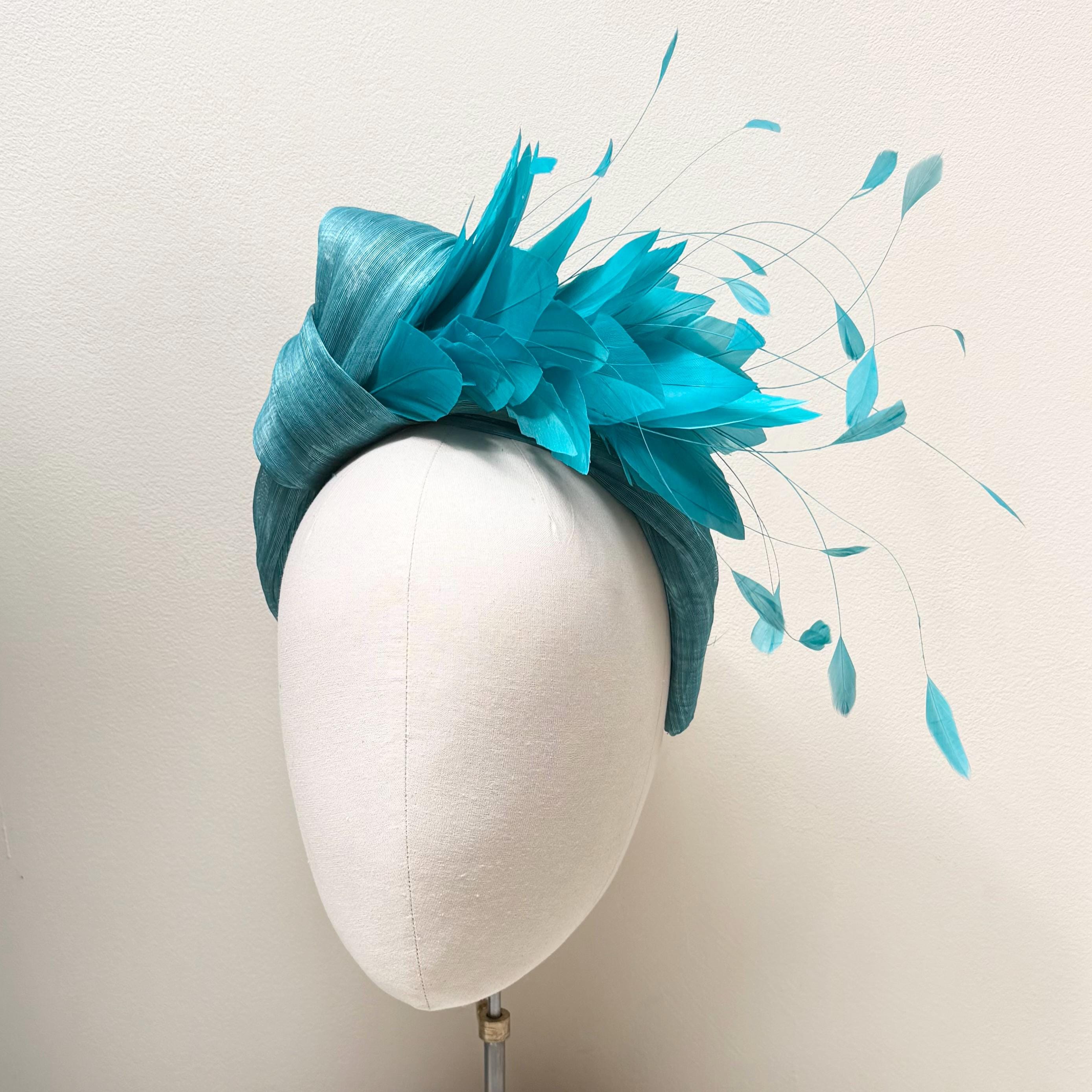 Turquoise blue oversized sequin bow flower feather fascinator headband Luxury Bow with Flower Headband Fascinator- Winter Teal main image 2