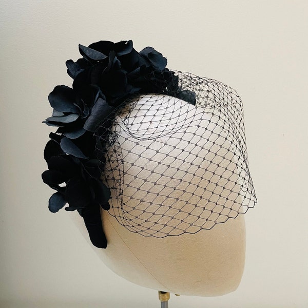 Black Hydrangea headband crown with blusher veil  statement flower fascinator, Luxury headpiece hairband, wedding guest,races, cocktail