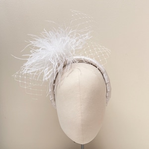 white feather Fascinator headband,Statement veil netting ostrich feather headpiece, pure silk covered padded halo wedding, bridal