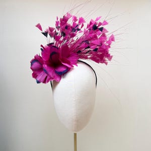 Fushia magenta navy  fascinator feather flower headband : Occasion headwear, wedding races ladies day