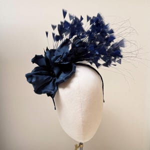 Navy blue feather flower Fascinator headband, silk flower headpiece,Mother of the bride, Wedding guest, Race day -colours pink,navy blue