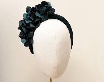 Bottle Green Hydrangea Fascinator Headband, Crepe Silk Flower Headpiece