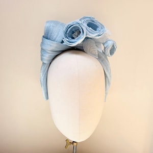 Pale blue silk flower padded headband fascinator, dusky blue silk abaca headpiece , wedding guest, Bridesmaid, bridal accessories, race day