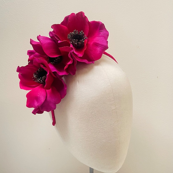 Pink Magenta triple Poppy flower headband fascinator, headcrown, unique crown Luxury handmade , statement head piece wedding,races,festivals