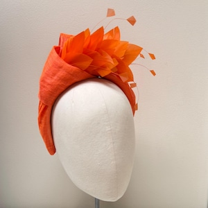 Orange fascinator knot headband,feather turban  knot fine straw abaca millinery Halo padded headpiece, ,wedding guest,mother of bride, races