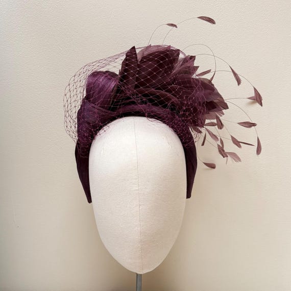 Aubergine Plum Feather Fascinator Headband, Silk Abaca  display picture 3