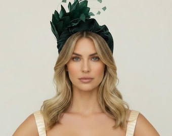 Bottle Green velvet feather Fascinator Headband for race day or wedding guest