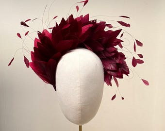 Burgundy feather headband, for weddings, mother of bride, ascot derby races