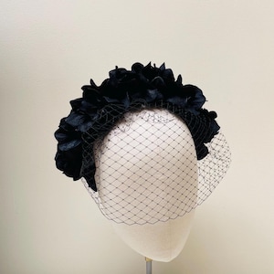 Black Hydrangea fascinator headband crown with blusher veil  statement flower fascinator, Graphite Luxury headpiece , wedding guest, races