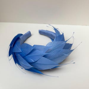 Blue Feather headband fascinator, silk covered Royal cobalt feather crown, high end Statement for Mother of the bride wedding guest race day