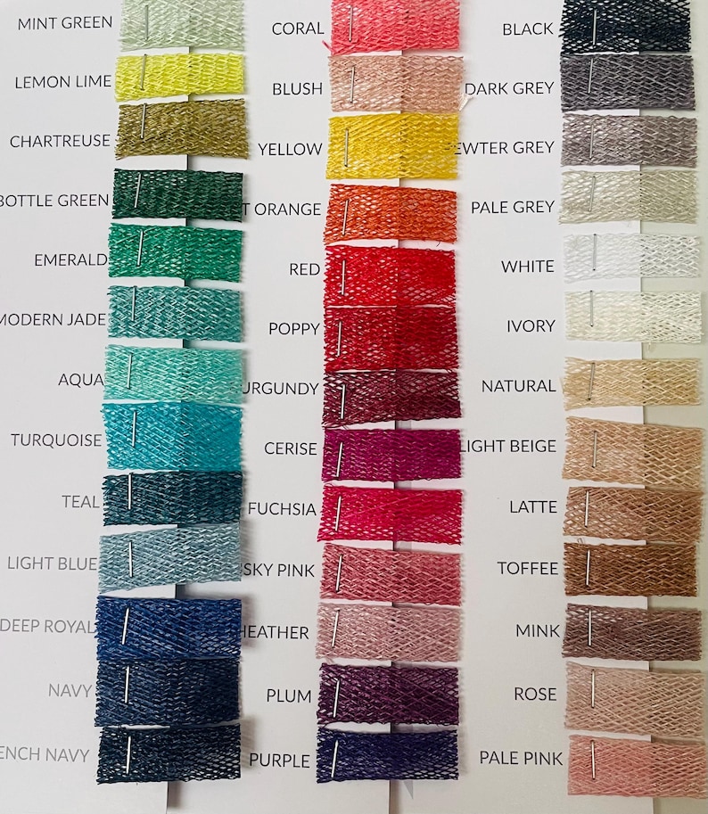 May include: A color swatch chart featuring a variety of fabric samples in various colors. The chart includes shades of green, blue, red, pink, yellow, and neutral tones. Each sample is labeled with its color name, such as "Mint Green" and "Coral".