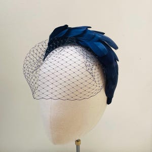 Navy Blue Feather Headband fascinator, midnight blue crown ,Luxury Statement feather head piece , statement for wedding, ladies race day