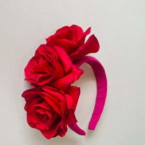 Red rose pink fascinator headband, silk covered band , rose fascinator headband, flower crown, statement for wedding ,races, uk made