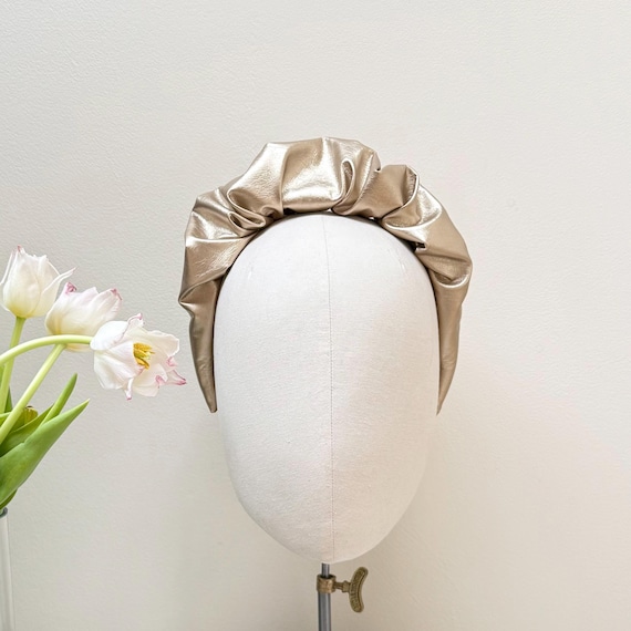 Gold Vegan Leather Ruched Headband, Modern Padded Halo Crown