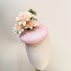 Pink floral hat, buntalstraw dahlia flower hat with veil netting, pink cream flower hat, mother of the bride, wedding guest, ascot races