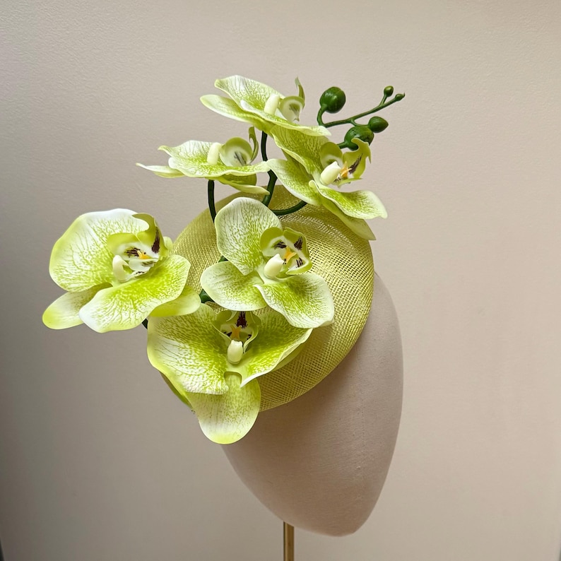 lime green Orchid pillbox hat statement sinamay fascinator for weddings and races image 2
