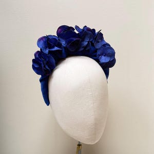 Blue velvet hydrangea fascinator headband crown, royal cobalt dusk blue corsage headpiece, mother of the bride, wedding guest, race day