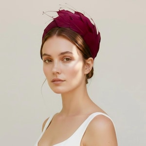 Può includere: Una fascia color bordeaux intenso caratterizzata da una densa disposizione di piume stratificate che si estendono verso l'alto. L'accessorio è strutturato con una base liscia e arrotondata che poggia sulla testa, mostrando una ricca tonalità.