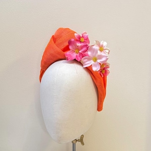 Orange fascinator headband, turban knot pink flower blossom padded halo headpiece, mother of bride, gala, wedding guest, races