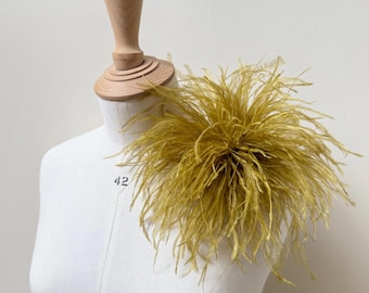 Gold Chartreuse Ostrich Feather Brooch, Handmade Corsage Pin