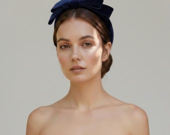 Navy velvet bow headband fascinator. Wedding guest women’s occasion accessory