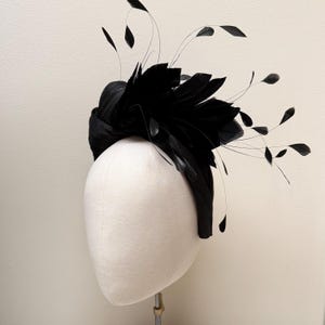 May include: A black headpiece featuring a structured fabric base adorned with a cluster of dark feathers. The design includes long, thin stems extending outward, each tipped with a small, delicate black feather, creating a wide, airy silhouette.