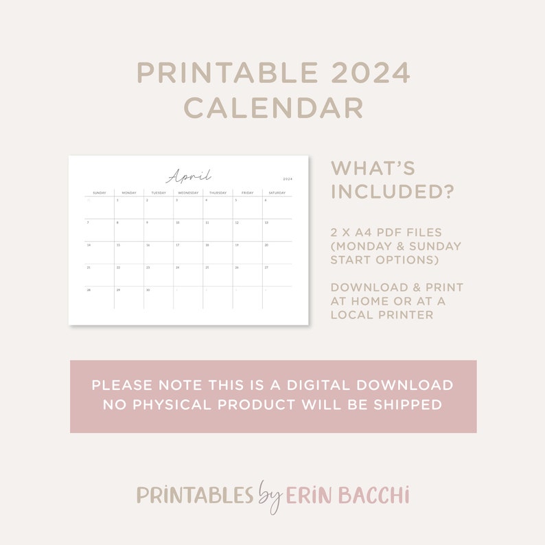 A4 Calendar PDF Printable File - Stylish and Minimal - Etsy