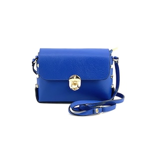 May include: A small blue leather crossbody bag with a gold clasp and a studded strap.