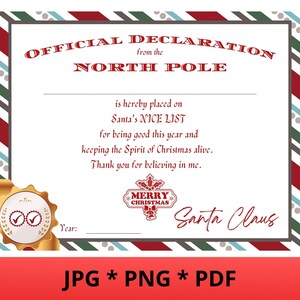 Declaração de certificado de lista de Nice DOWNLOAD DIGITAL para impressão - jpg - png - pdf - Certificado para criança do Papai Noel, Pólo Norte Lista de Nice