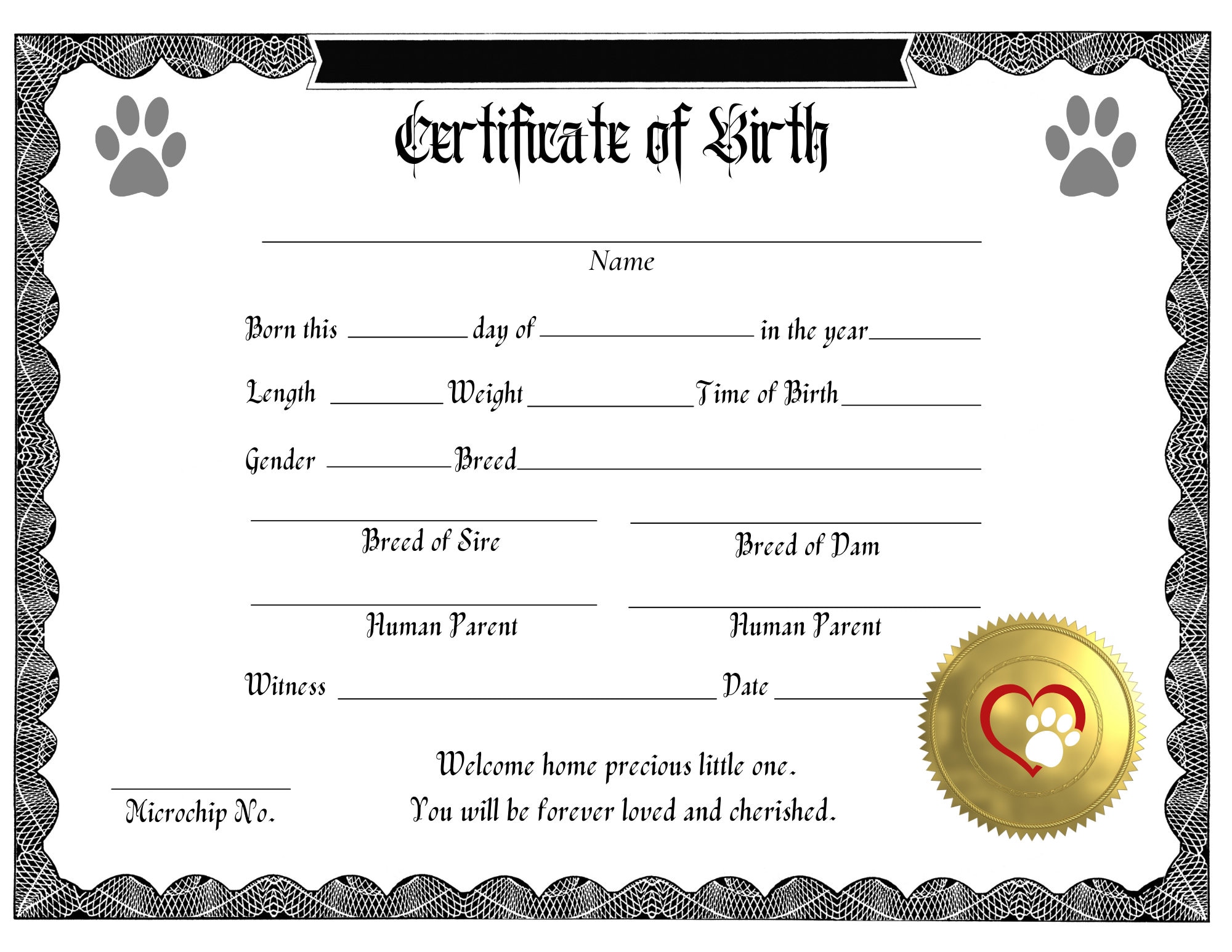 puppy birth certificate digital download printable pet