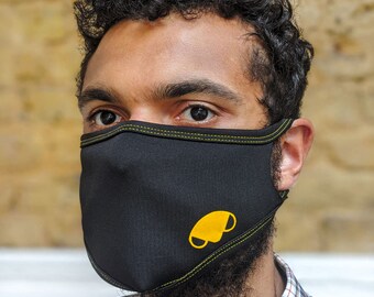 Face Mask Comfortable Undercover Studio Yellow Stitching and Logo  Black Protective Covering Reusable Handmade UK Easy breathe Adult Unisex