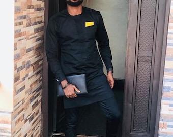 African men's clothing,  Black tailored suit, African wear, African fashion for men, Dashiki, men's kaftan,  Senator wear