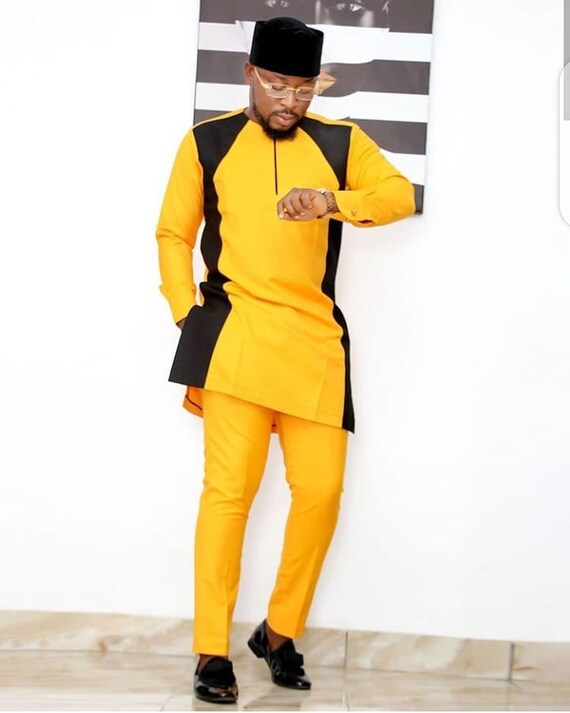 Ropa de hombre africano traje a medida amarillo y negro ropa