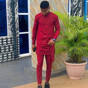 African men's clothing, wine red tailored suit, African wear, African fashion for men, Dashiki, men's kaftan, Senator wear, men's wear image 1