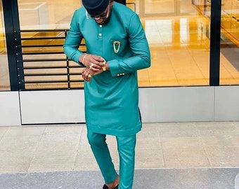 African men's clothing,  Teal green tailored suit, African wear, African fashion for men, Dashiki, men's kaftan,  Senator wear, men's wear