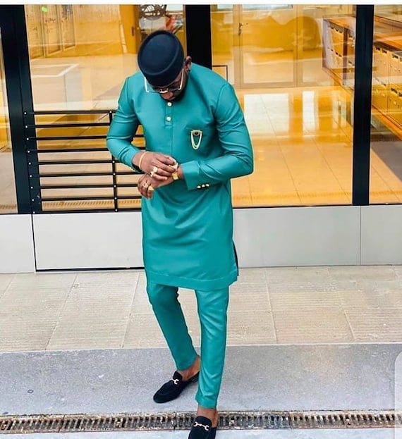 Ropa africana para hombres, traje sastre verde azulado, ropa africana, moda  africana para hombres, dashiki, caftán para hombres, ropa de senador,