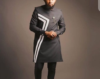 African men's clothing,  Black and White tailored suit, African wear, African fashion for men, Dashiki, men's kaftan,  Senator wear