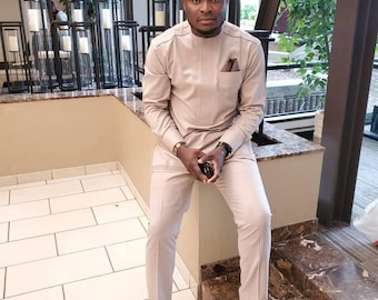 African men's clothing,  Brown tailored suit, African wear, African fashion for men, Dashiki, men's kaftan,  Senator wear