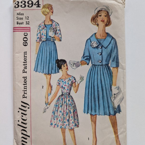 Sz 12/Bust 32" Vintage UNCUT FF 1960 Short Sleeve Fitted Dress w Pleated Skirt and Jacket 1960s Sewing Pattern, #3394