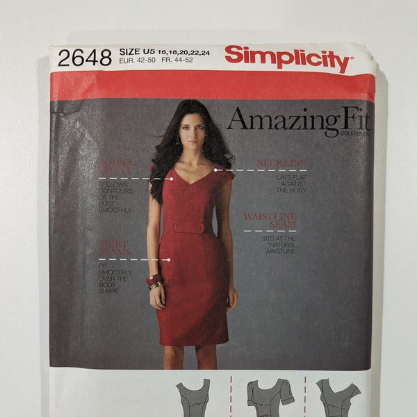 Sz 16-24 Simplicity Plus Size Amazing Fit Fitted Dress 3 Var ABCD Cups V Neck Princess Seamsplu Slim Promedio Curvy Patrón de costura. #2648
